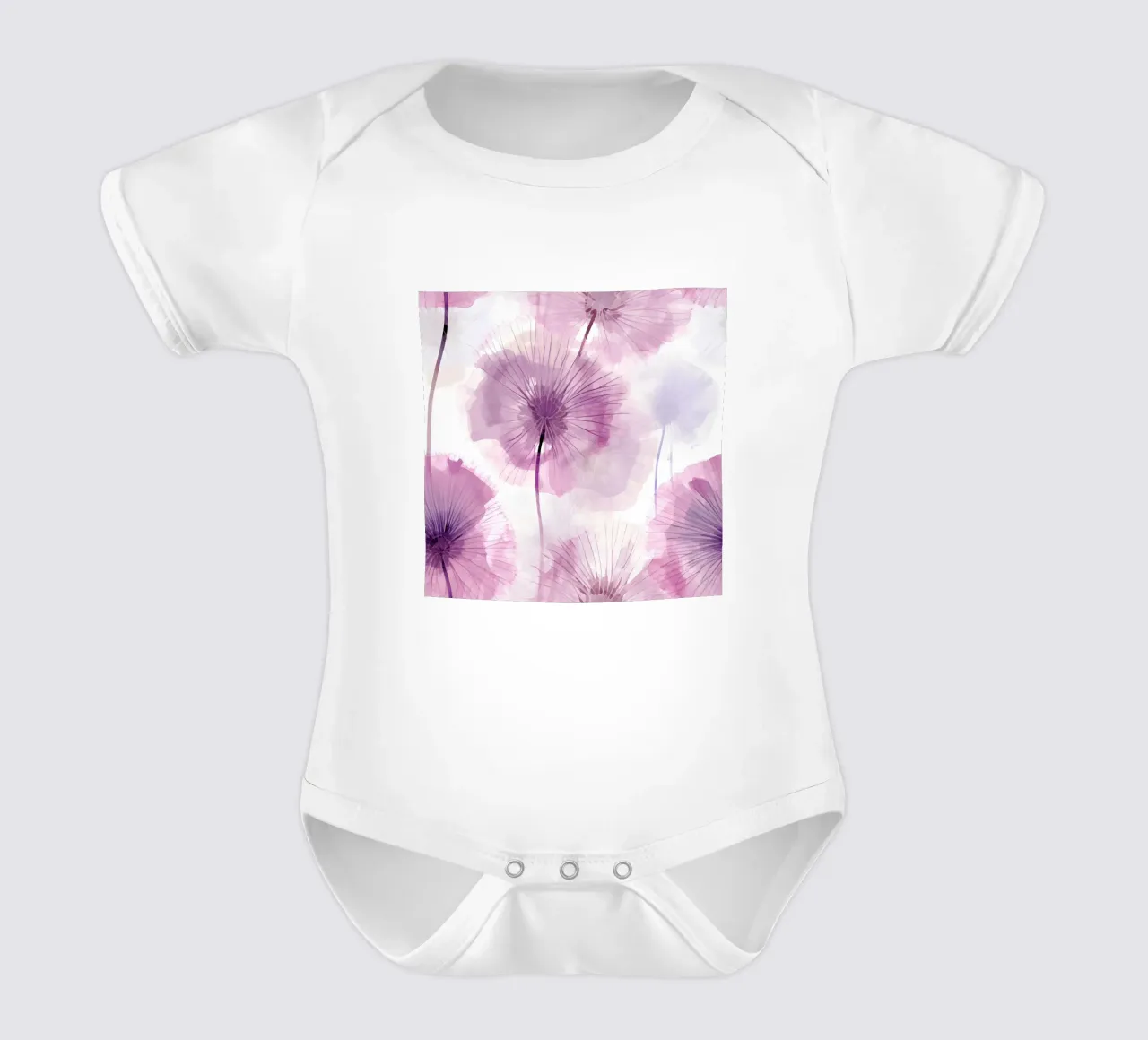 Purple Dandelions short-sleeve baby romper by Botanical Pattern House