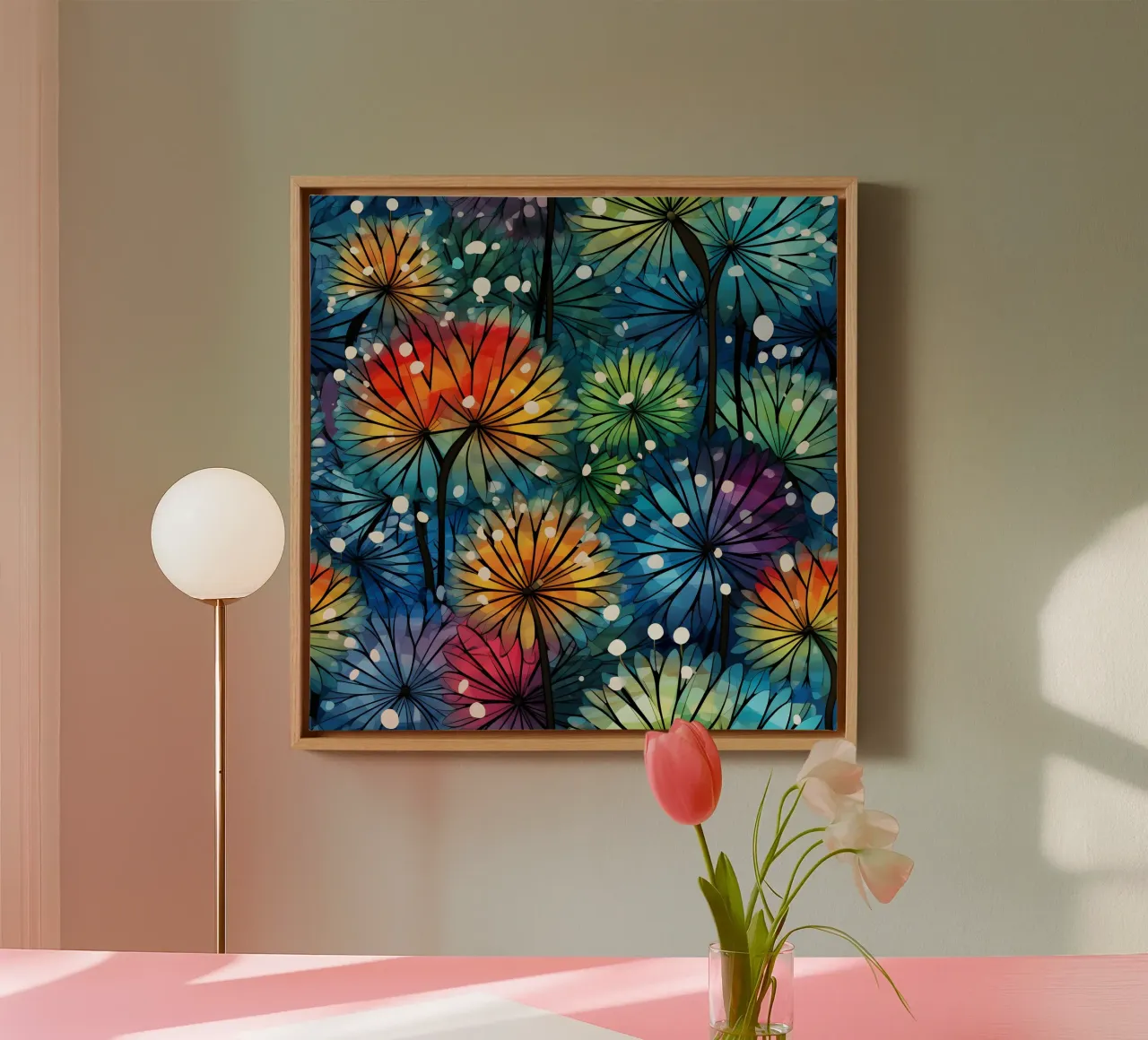 Starlit Pusteblumen Leinwand mit Schattenfugenrahmen von Botanical Pattern House
