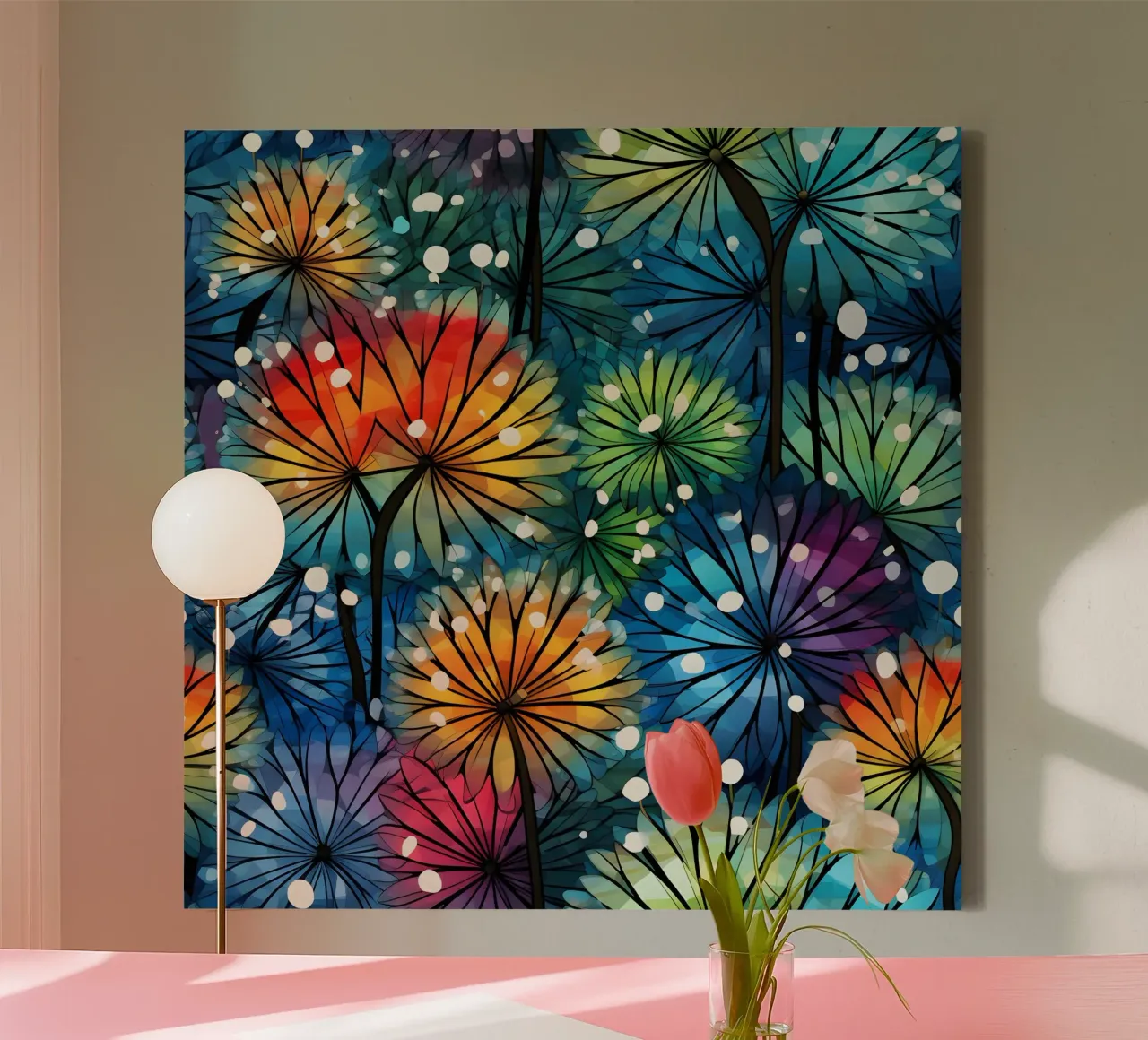 Starlit Pusteblumen Leinwand mit Schattenfugenrahmen von Botanical Pattern House