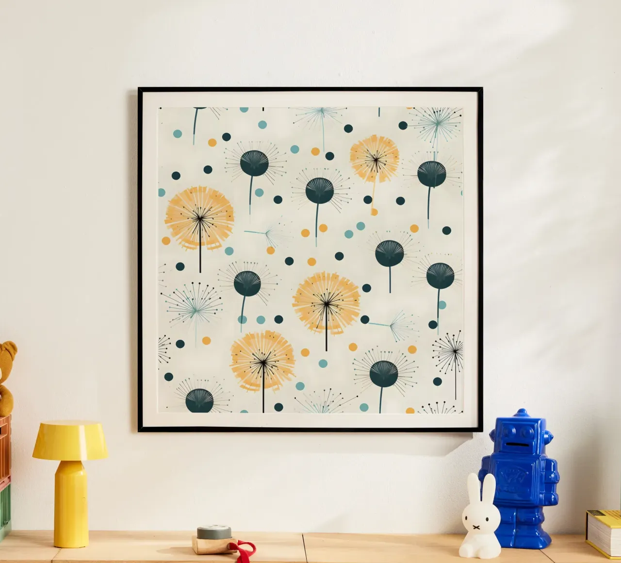 Denti di leone soleggiati poster con telaio in alluminio da Botanical Pattern House