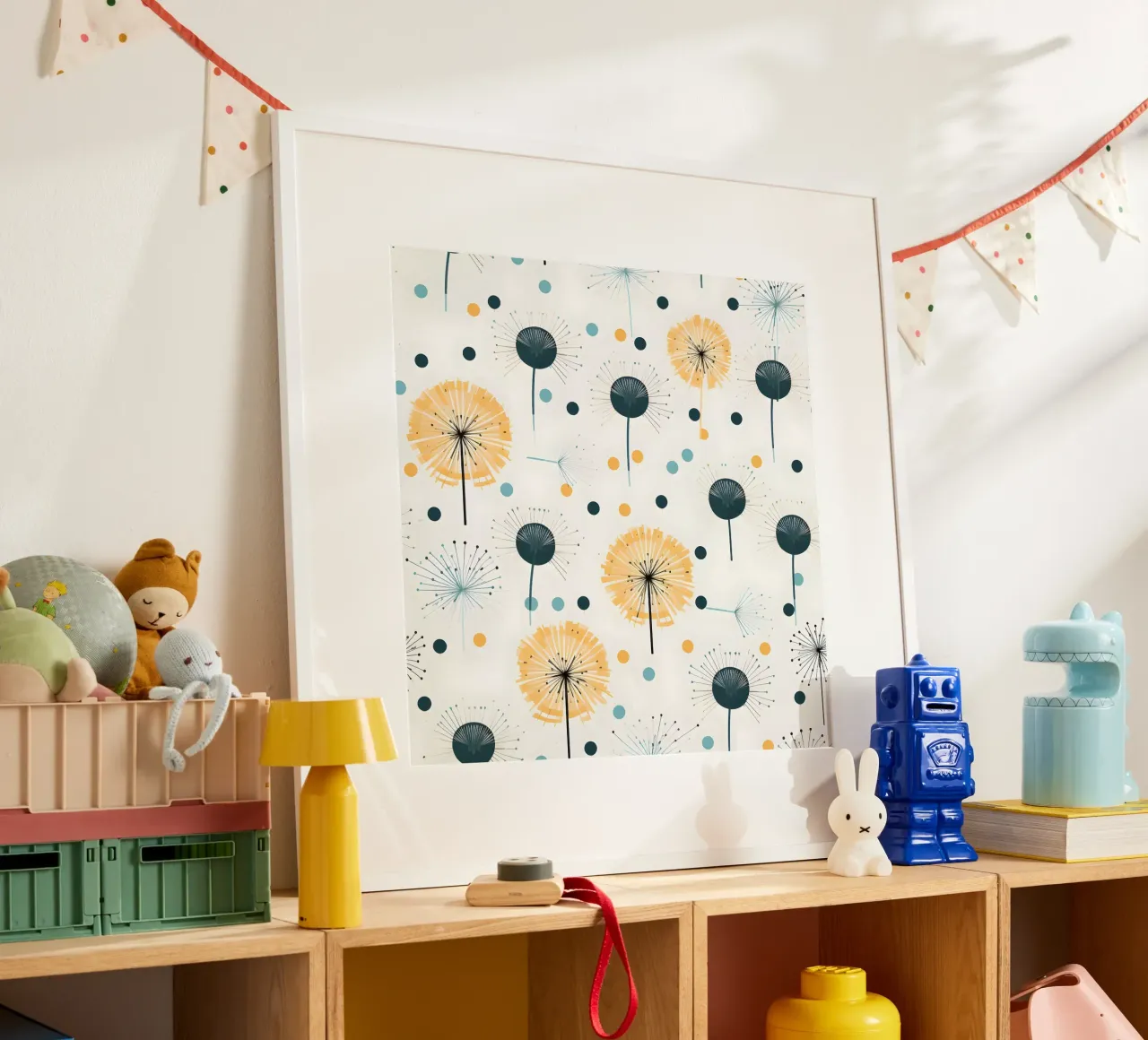 Denti di leone soleggiati poster con telaio in alluminio da Botanical Pattern House