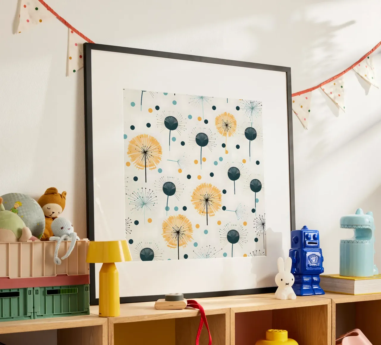 Denti di leone soleggiati poster con telaio in alluminio da Botanical Pattern House