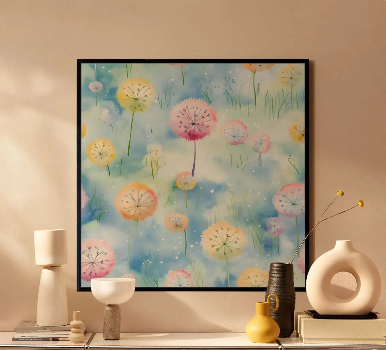 Denti di leone arcobaleno poster con telaio in alluminio da Botanical Pattern House
