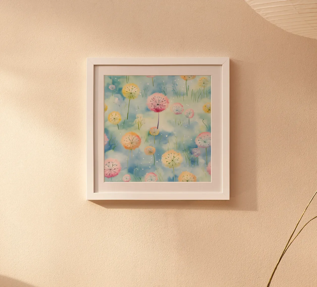 Denti di leone arcobaleno poster con telaio in alluminio da Botanical Pattern House