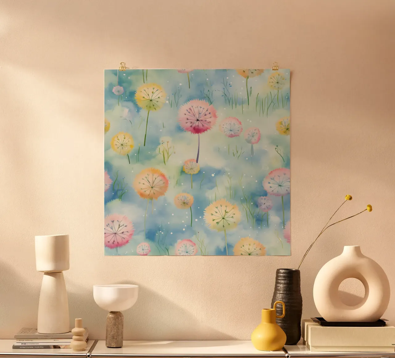 Denti di leone arcobaleno poster con telaio in alluminio da Botanical Pattern House