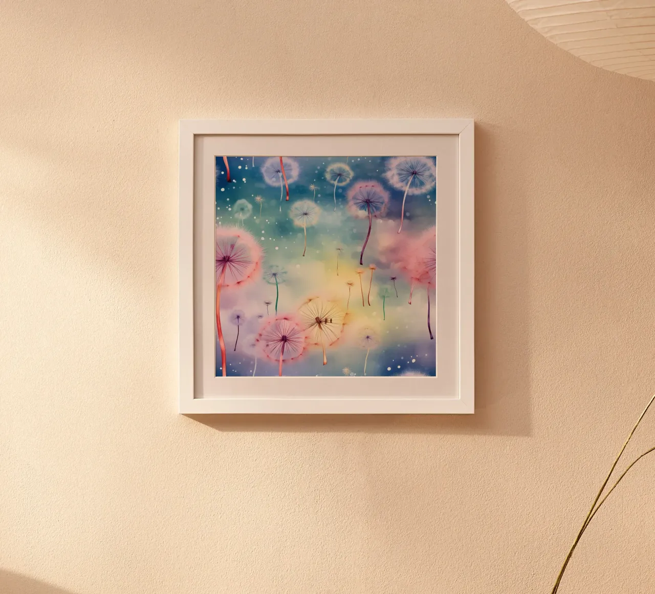 Denti di leone arcobaleno poster con telaio in plastica da Botanical Pattern House