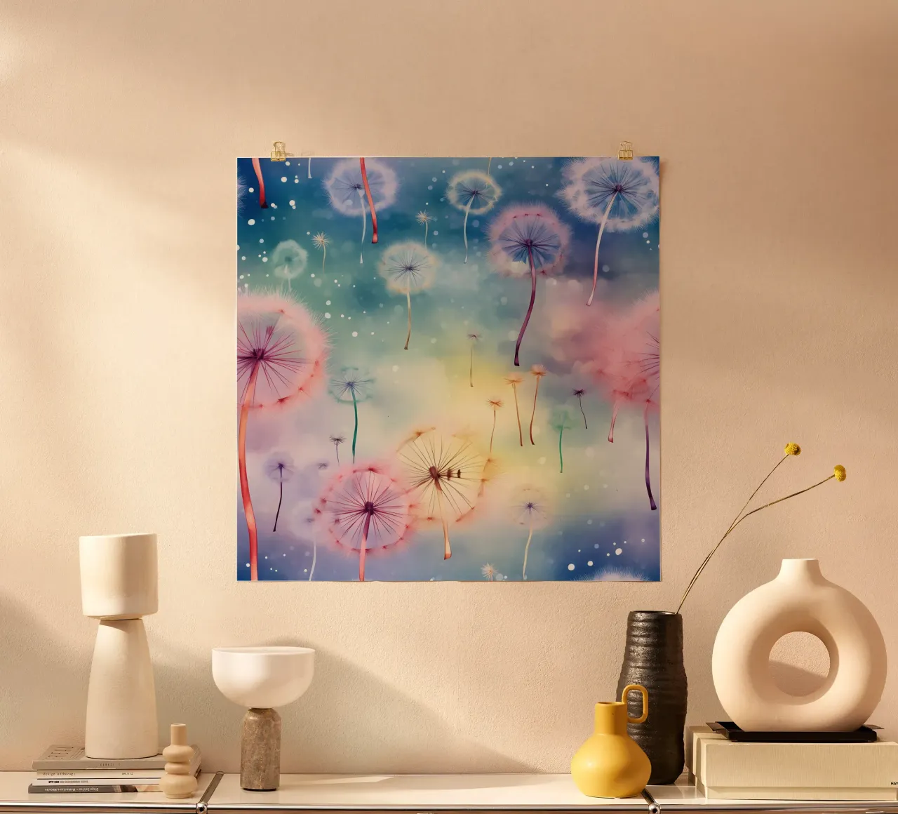 Denti di leone arcobaleno poster con telaio in plastica da Botanical Pattern House