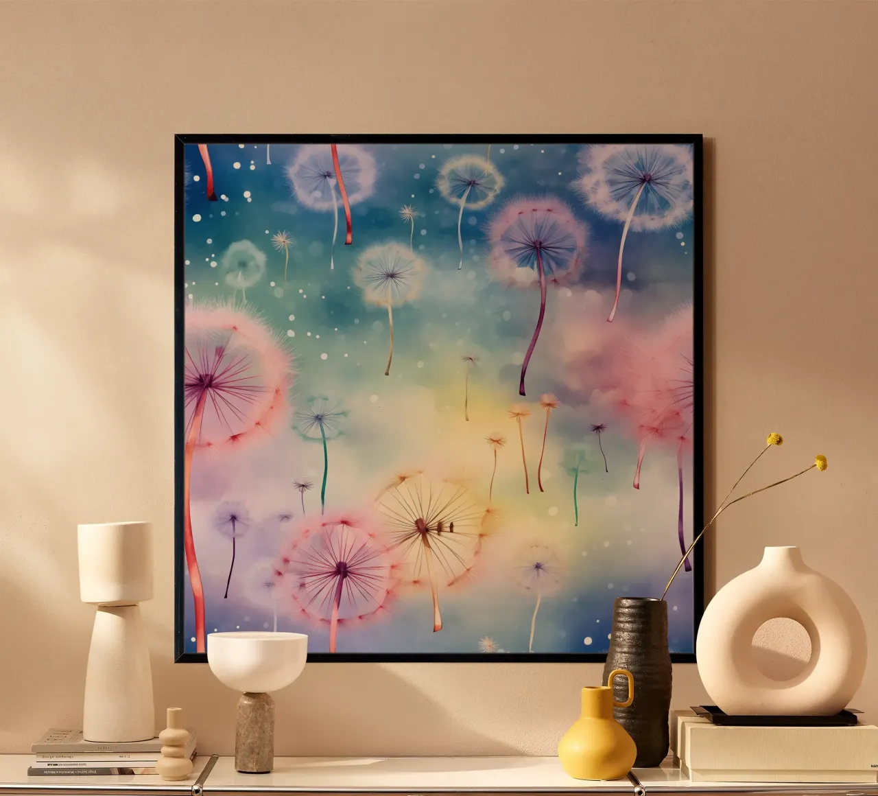 Denti di leone arcobaleno poster con telaio in plastica da Botanical Pattern House
