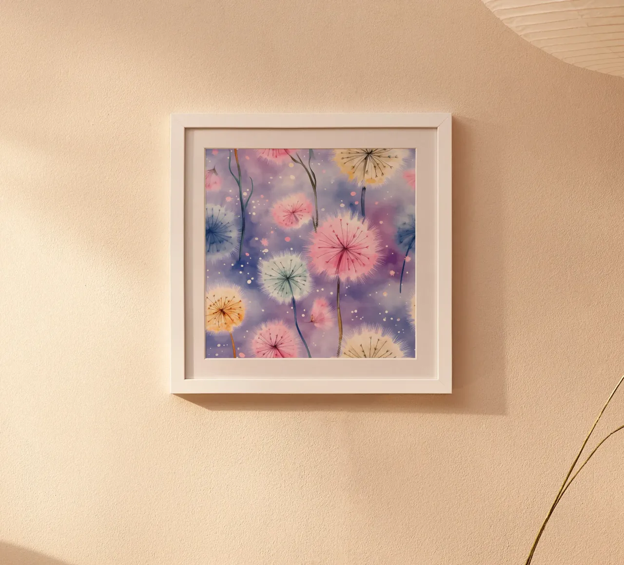 Denti di leone arcobaleno poster con telaio in plastica da Botanical Pattern House