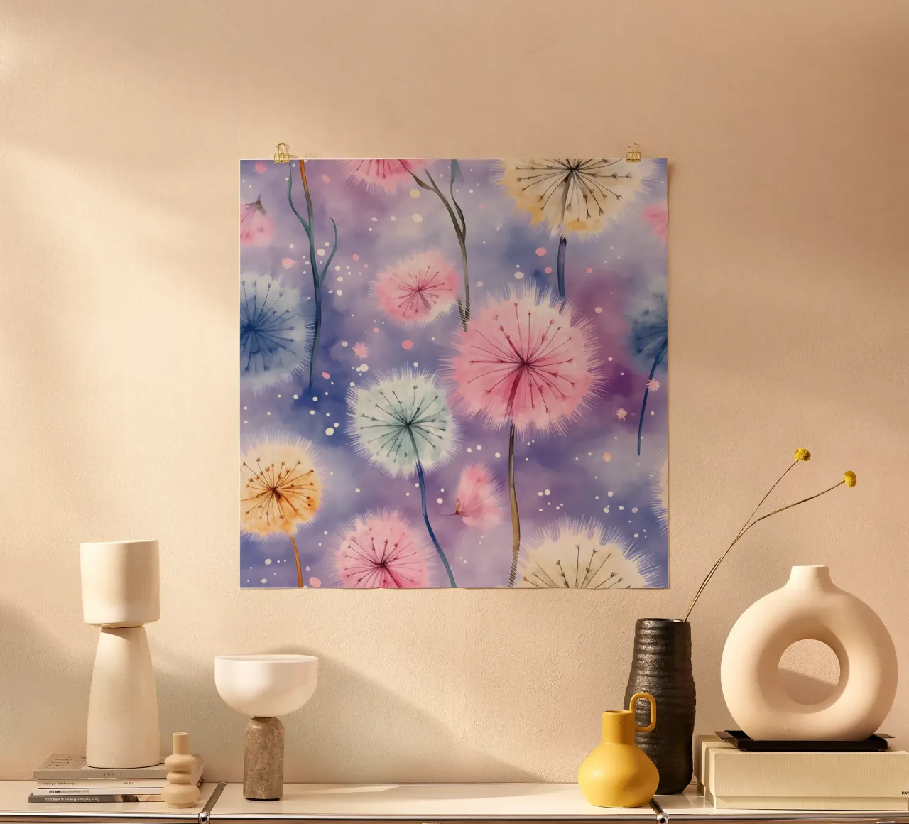 Denti di leone arcobaleno poster con telaio in plastica da Botanical Pattern House