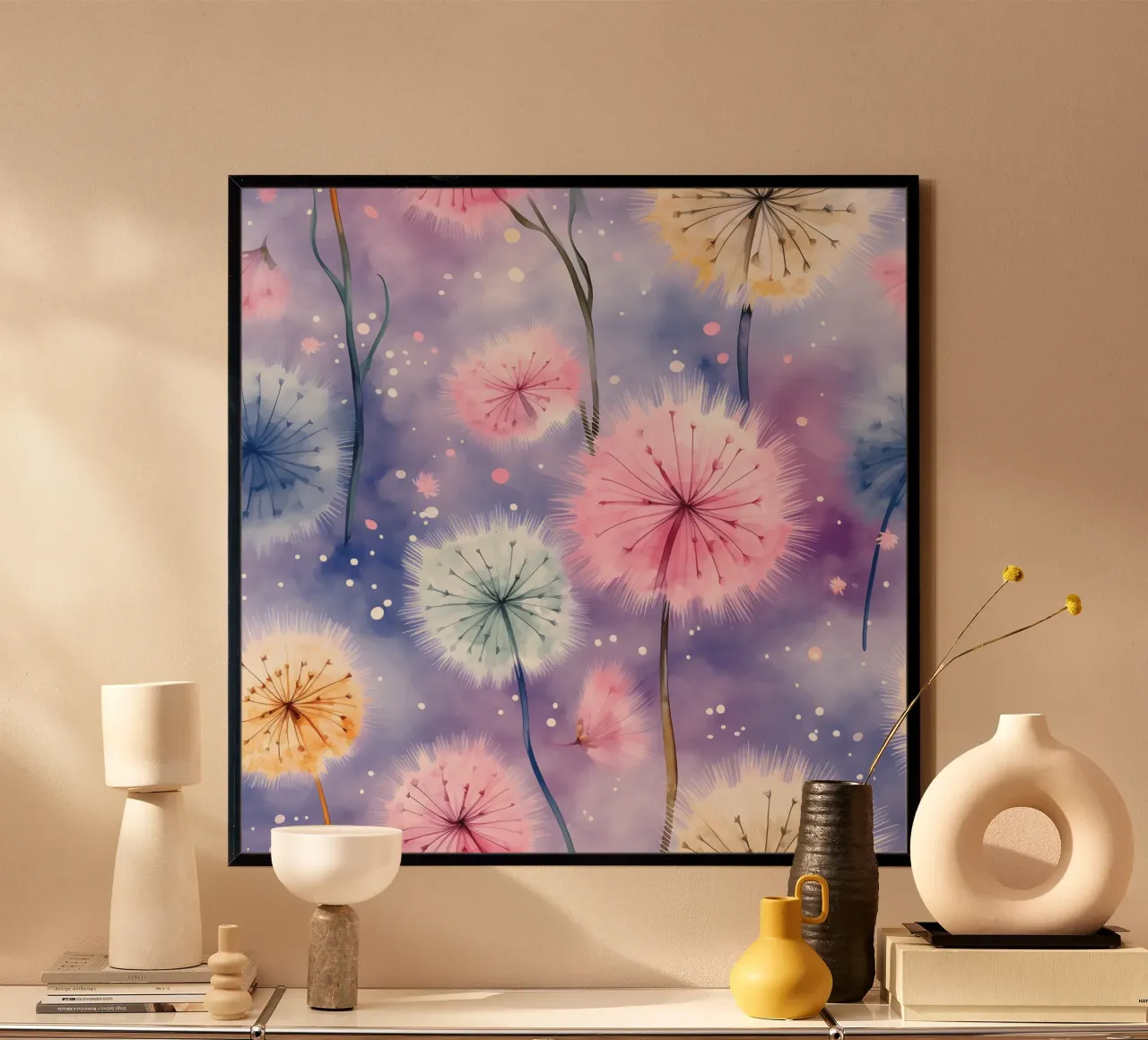 Denti di leone arcobaleno poster con telaio in plastica da Botanical Pattern House