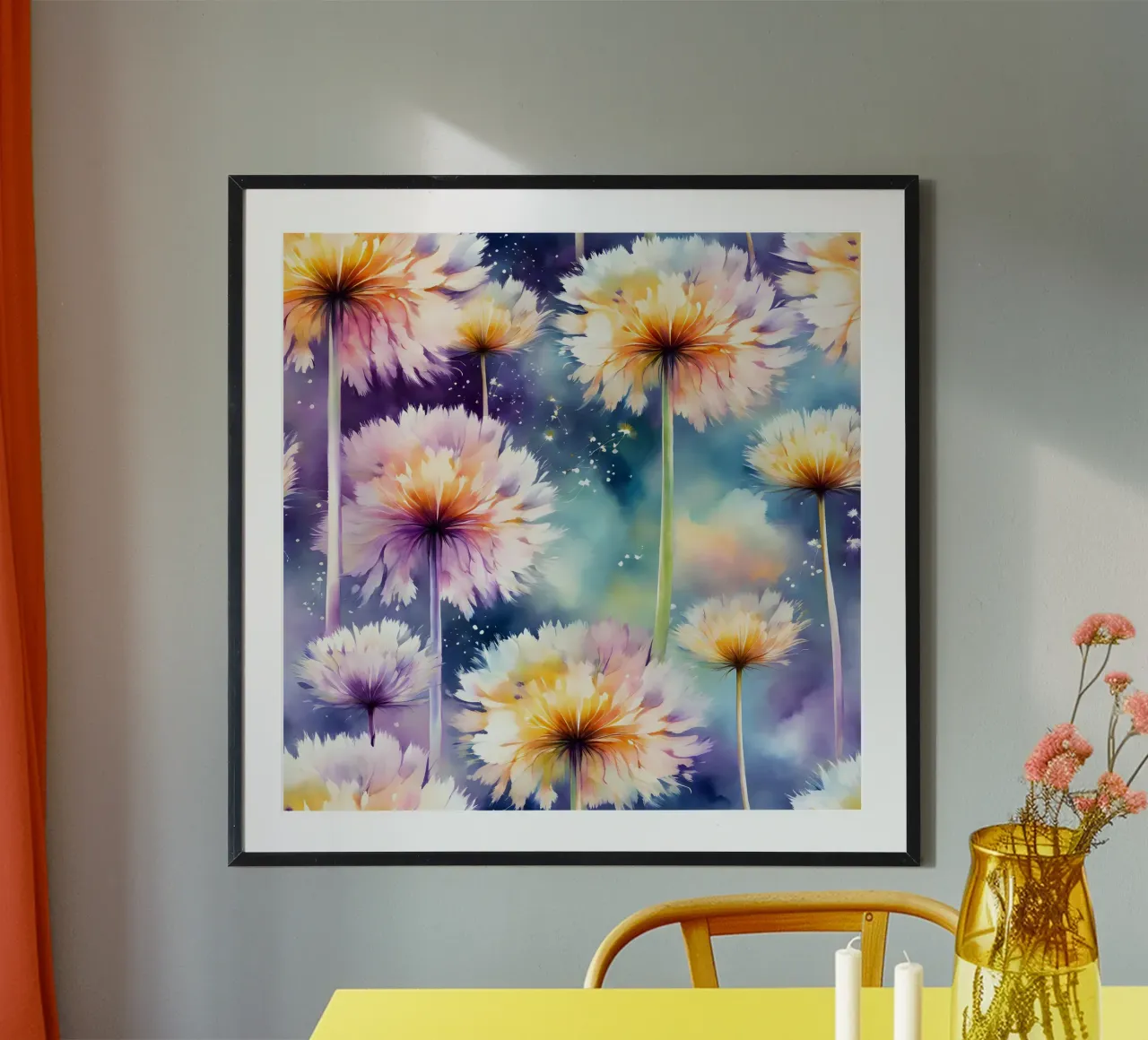 Galassia di denti di leone acquerellati poster con telaio in legno da Botanical Pattern House