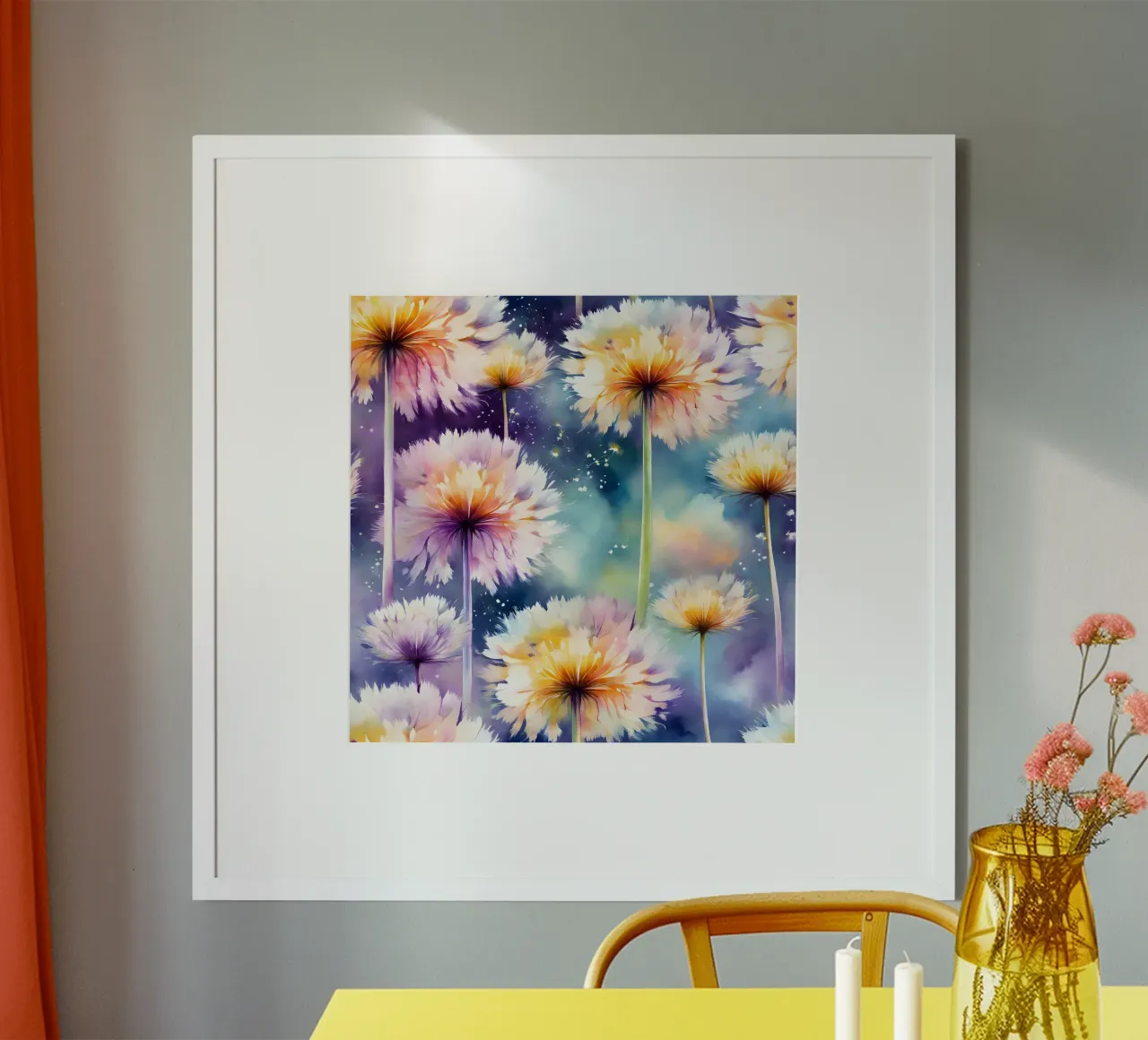 Galassia di denti di leone acquerellati poster con telaio in legno da Botanical Pattern House