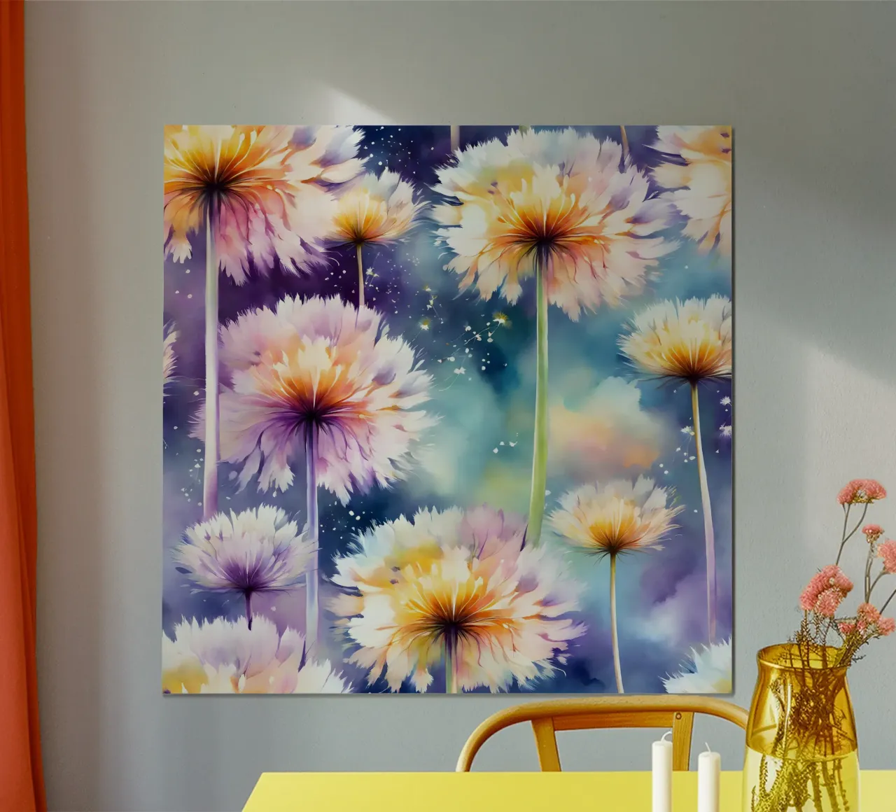 Galassia di denti di leone acquerellati poster con telaio in legno da Botanical Pattern House
