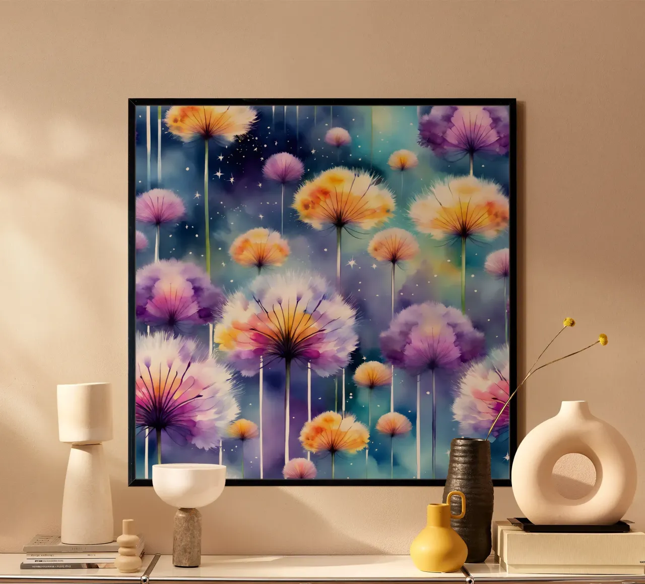 Galassia di denti di leone acquerellati poster con telaio in plastica da Botanical Pattern House