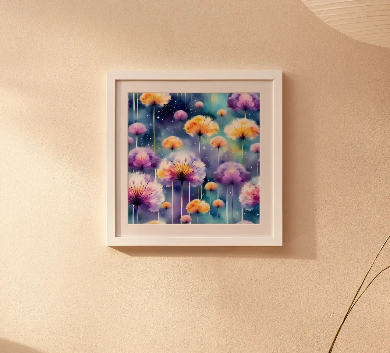 Galassia di denti di leone acquerellati poster con telaio in plastica da Botanical Pattern House