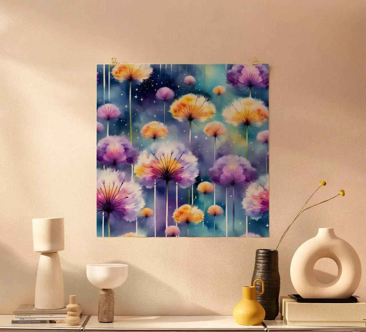 Galassia di denti di leone acquerellati poster con telaio in plastica da Botanical Pattern House