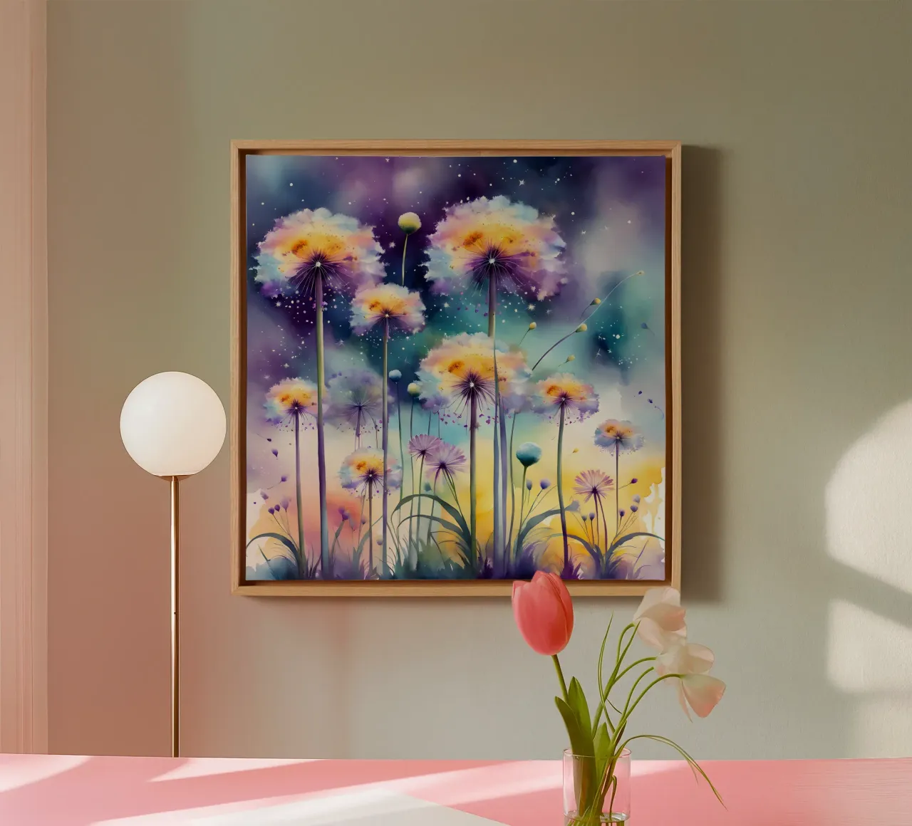 Aquarel Galaxy Paardenbloemen canvas met Baklijst van Botanical Pattern House