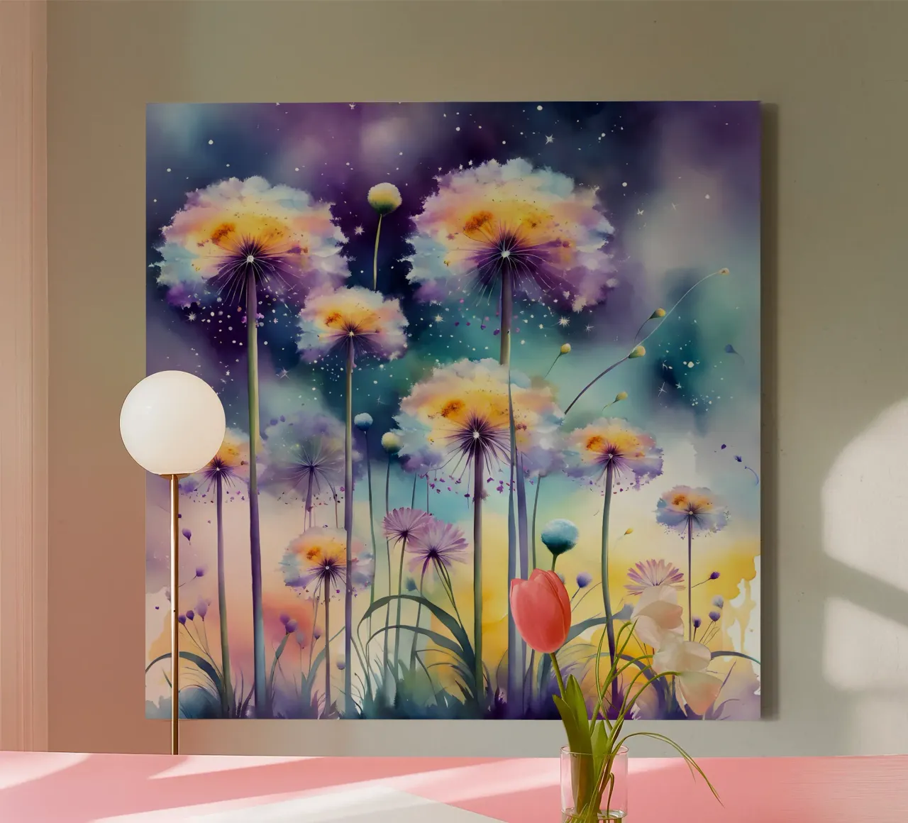 Aquarel Galaxy Paardenbloemen canvas met Baklijst van Botanical Pattern House