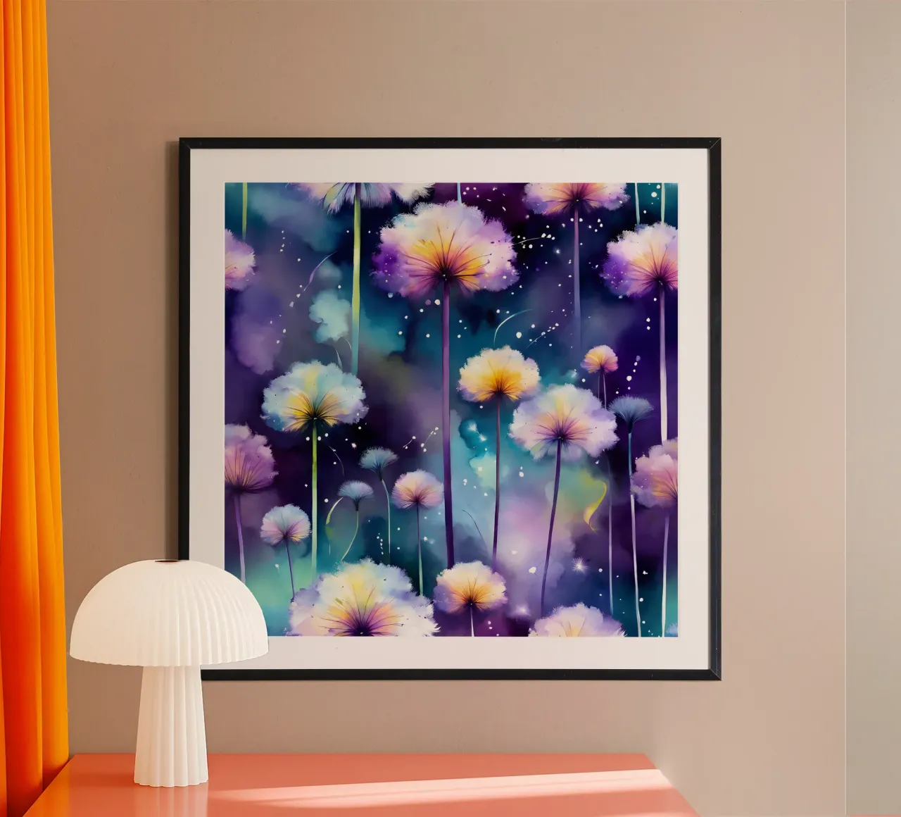 Galassia di denti di leone acquerellati poster con telaio in plastica da Botanical Pattern House