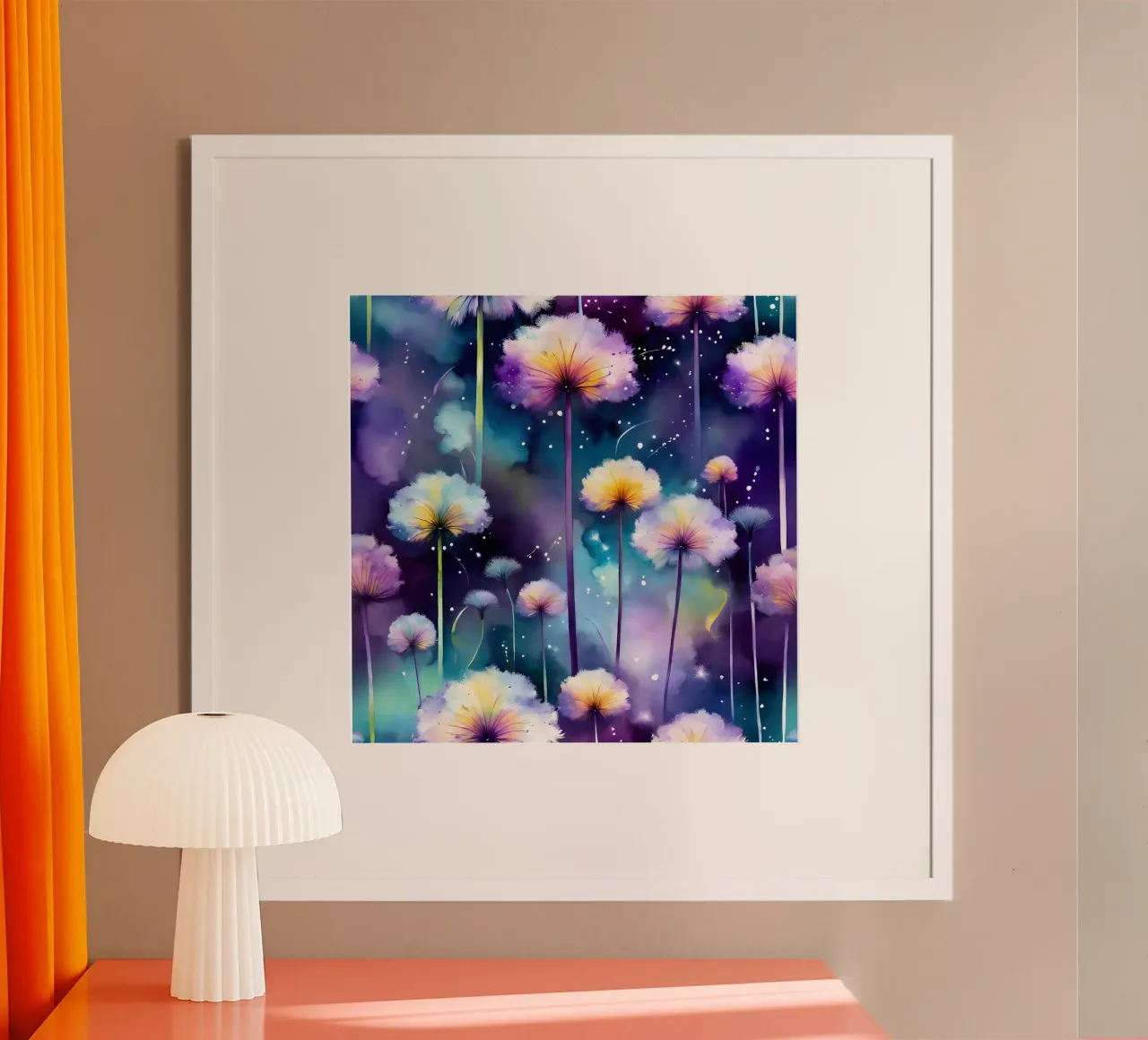 Galassia di denti di leone acquerellati poster con telaio in plastica da Botanical Pattern House