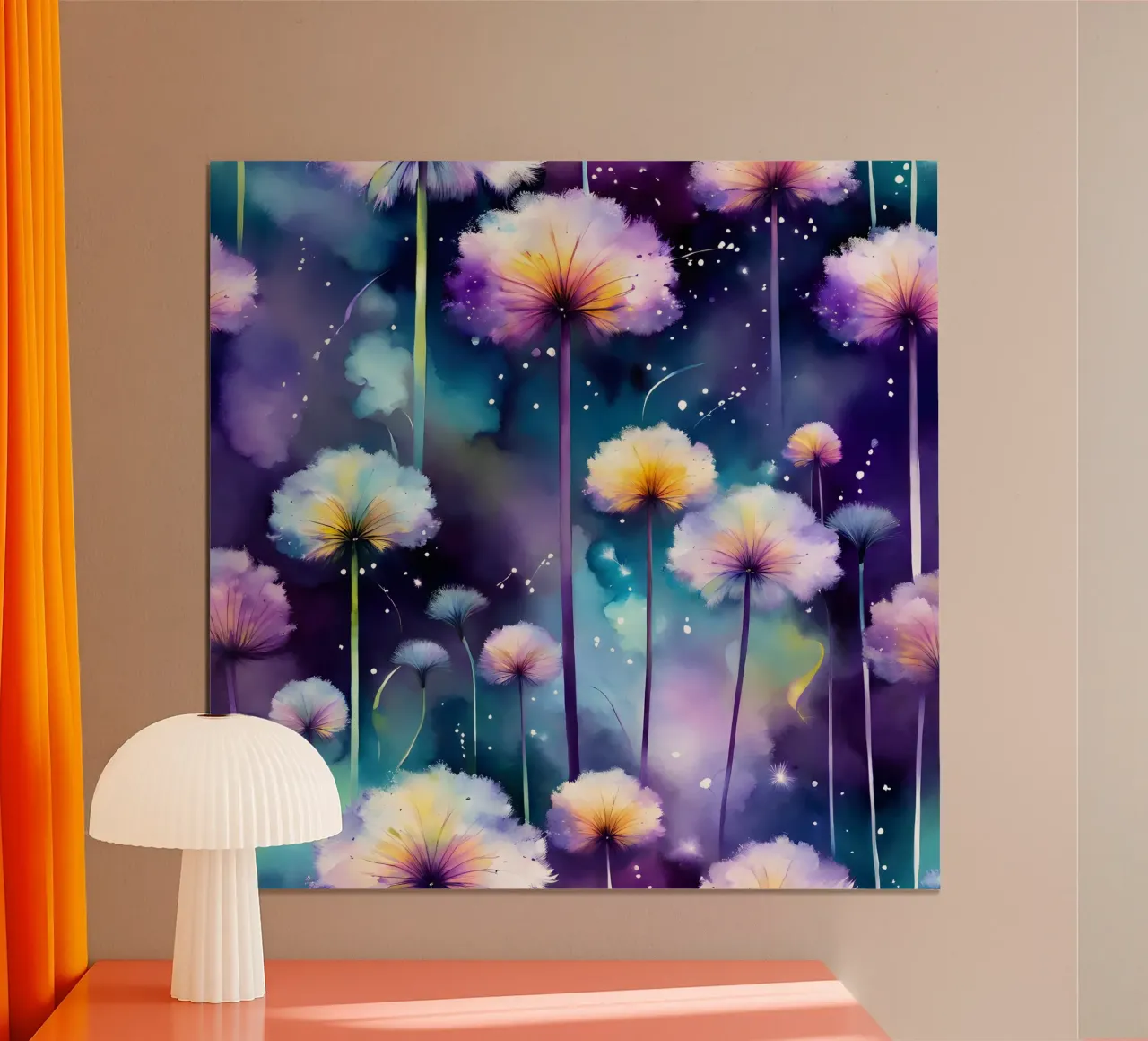 Galassia di denti di leone acquerellati poster con telaio in plastica da Botanical Pattern House
