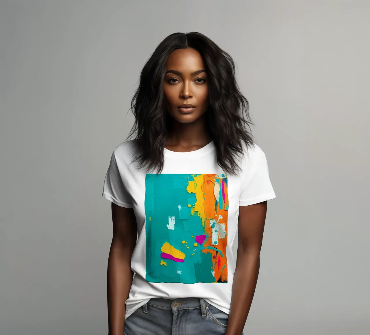 abstract artwork showcasing bold colors and textured brushst women's fitted t-shirt by DesignDoodle
