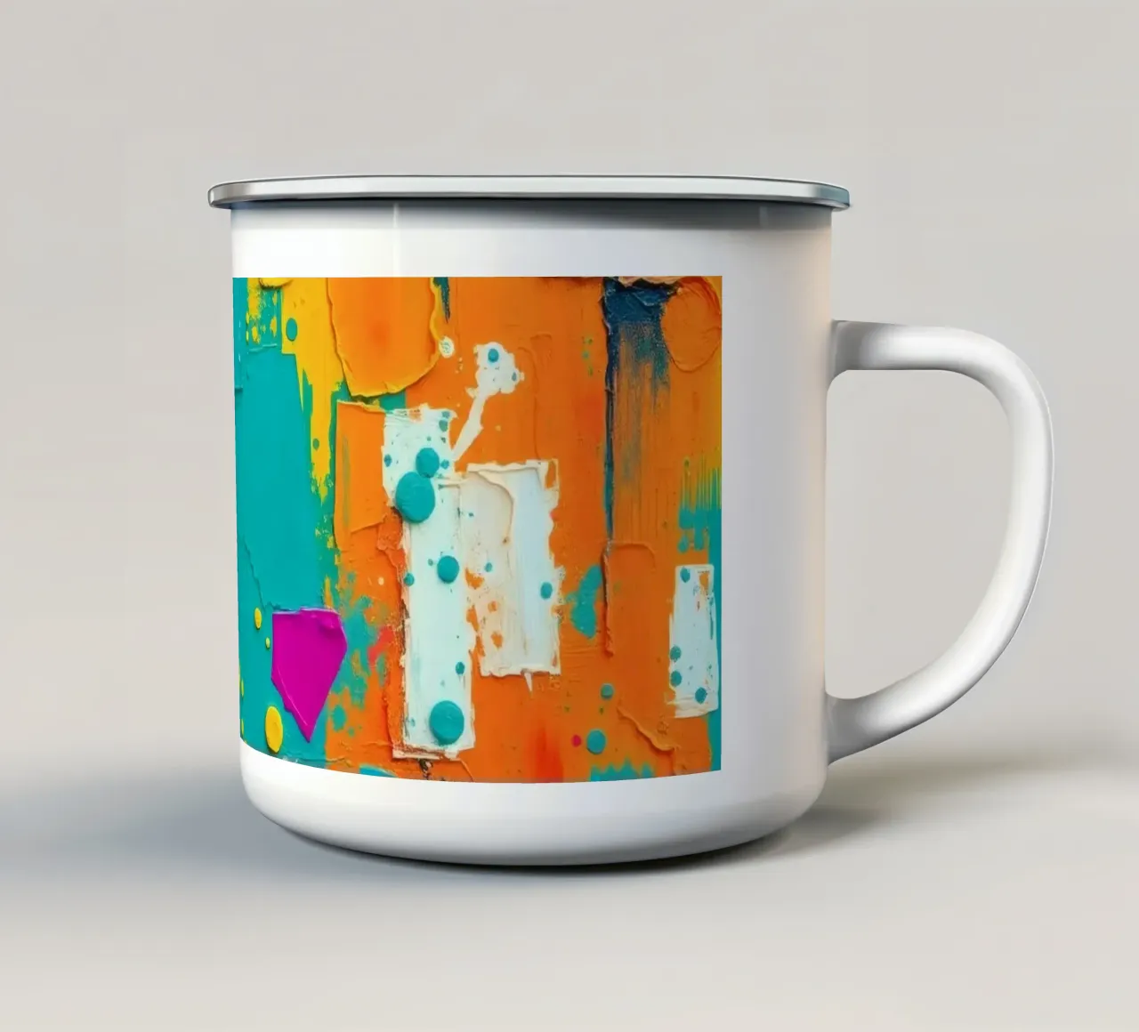 abstract kunstwerk met felle kleuren en structuurborstels emaille mok van DesignDoodle