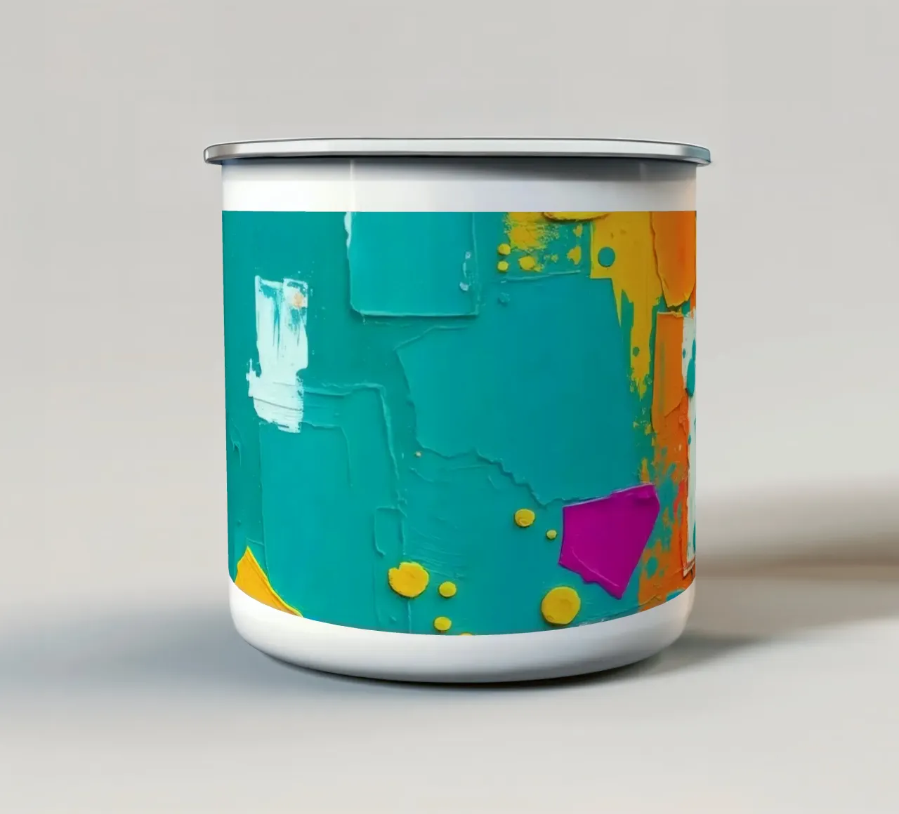 abstract kunstwerk met felle kleuren en structuurborstels emaille mok van DesignDoodle