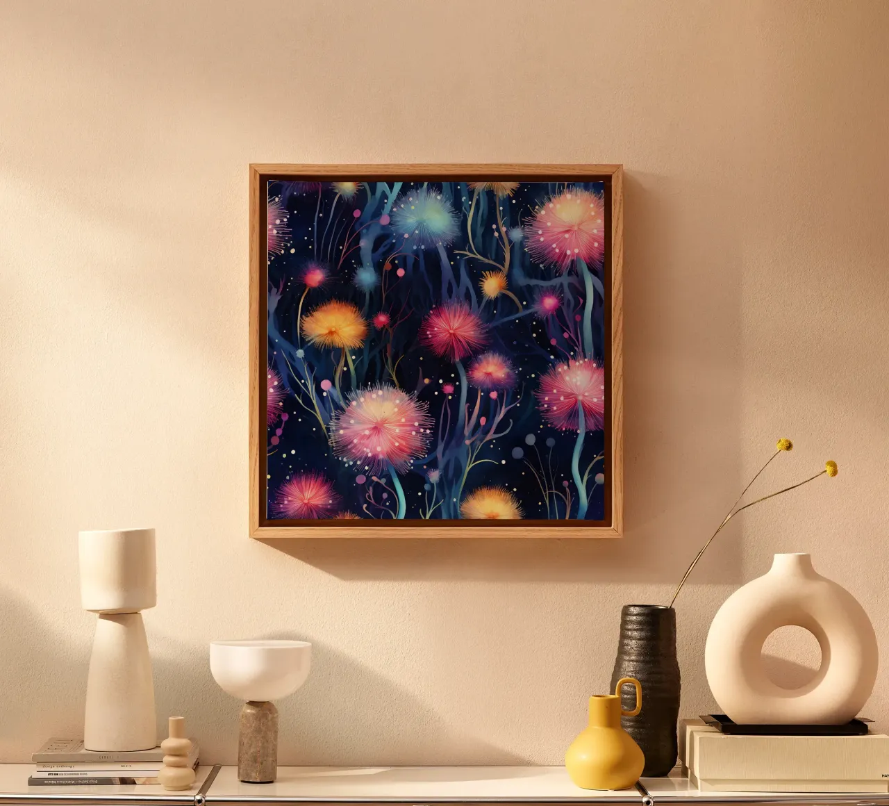 Cosmic Dandelions canvas with Floater frame by Botanical Pattern House