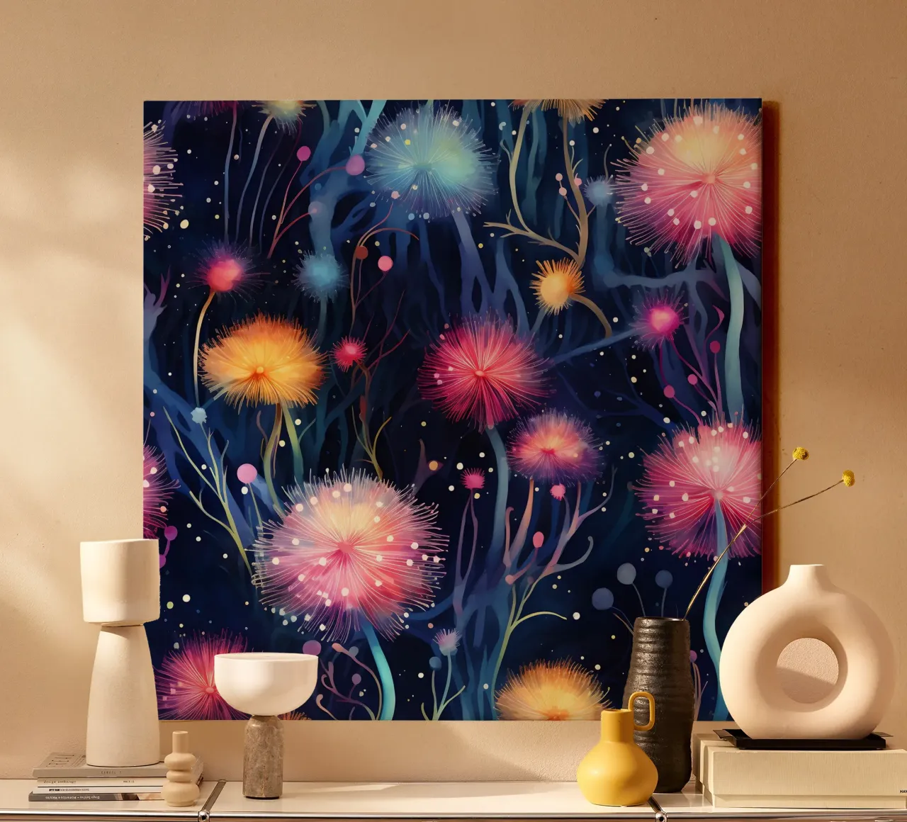 Cosmic Dandelions canvas with Floater frame by Botanical Pattern House