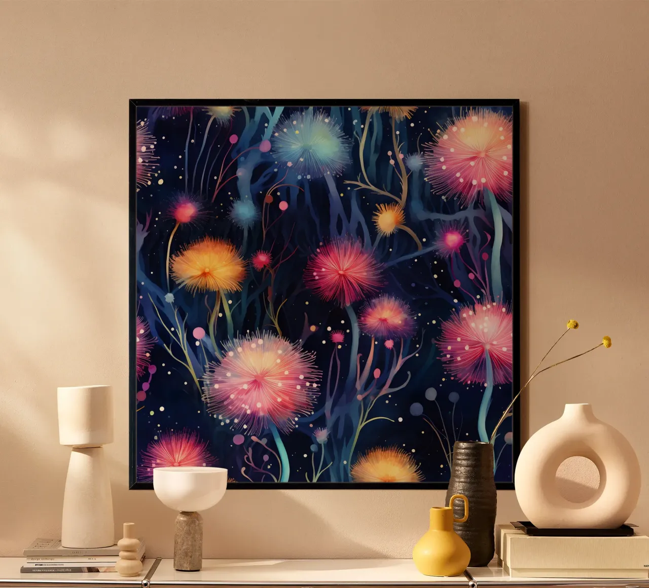 Denti di leone cosmici poster con telaio in plastica da Botanical Pattern House