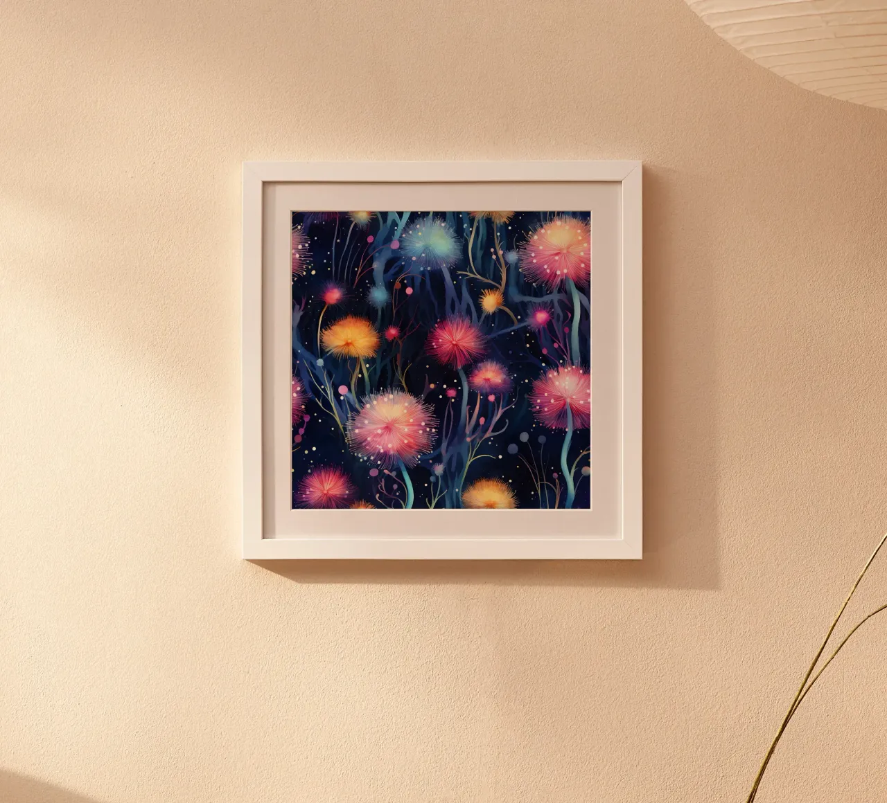 Denti di leone cosmici poster con telaio in plastica da Botanical Pattern House