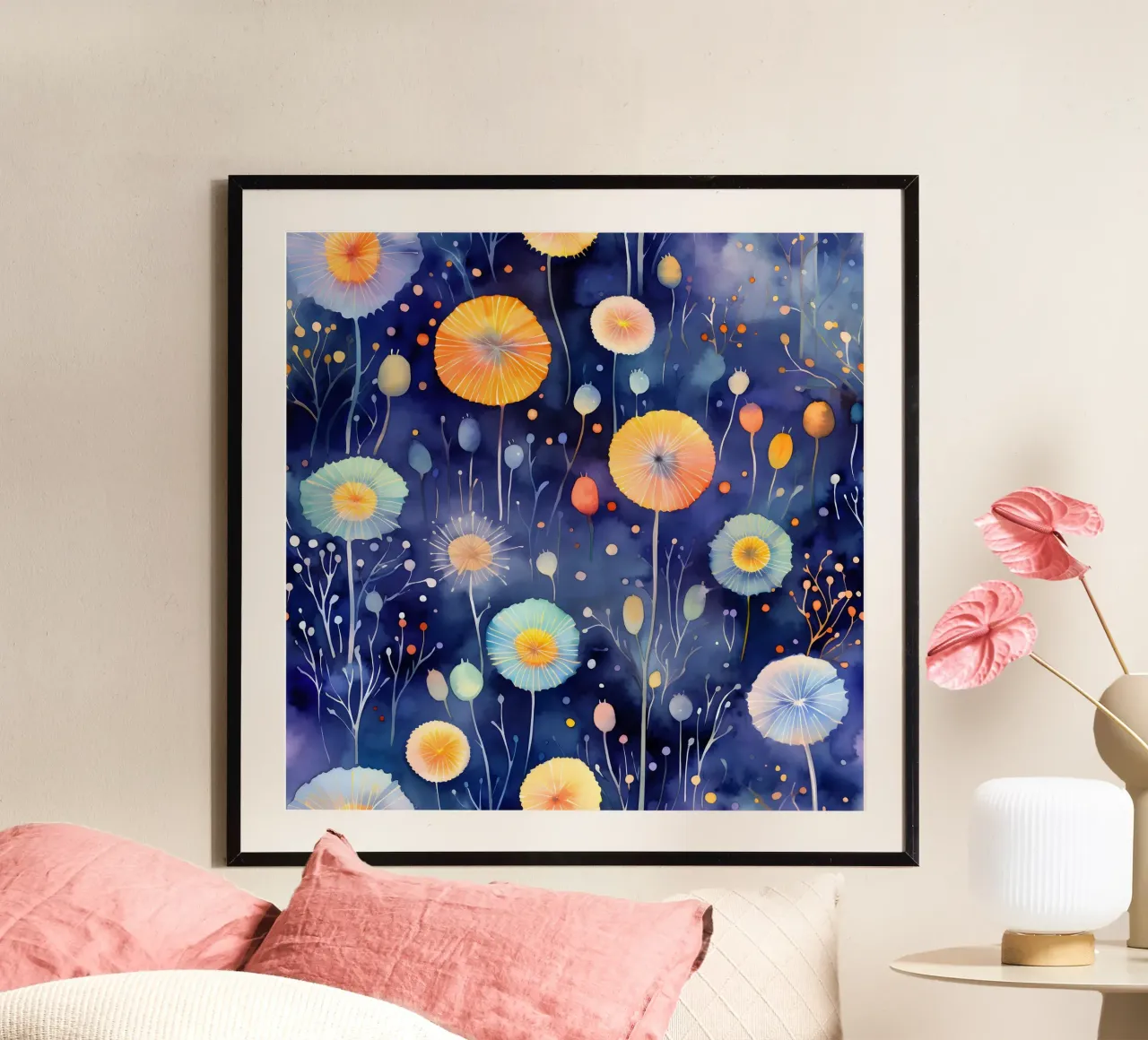 Denti di leone cosmici poster con telaio in plastica da Botanical Pattern House