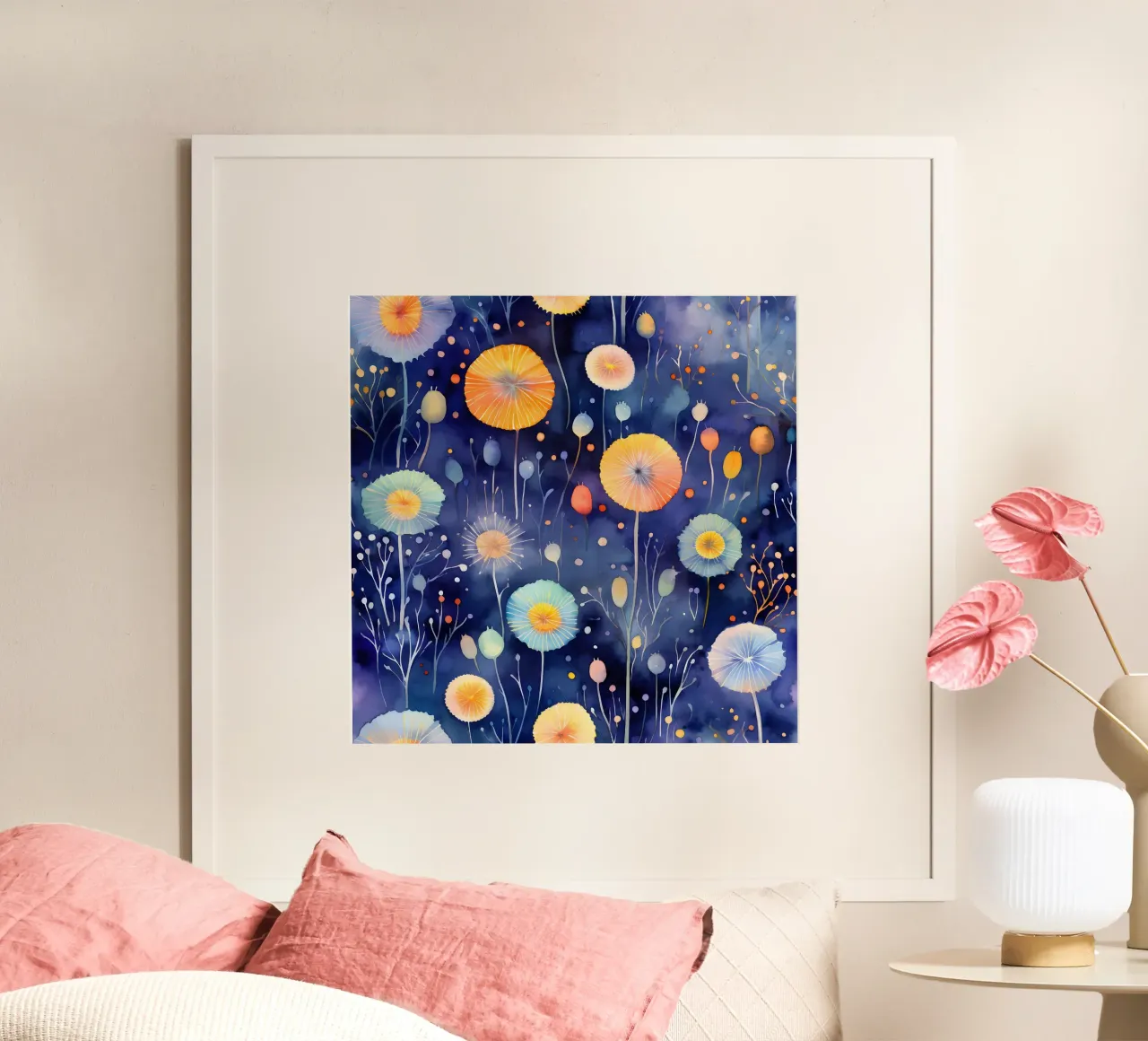 Denti di leone cosmici poster con telaio in plastica da Botanical Pattern House