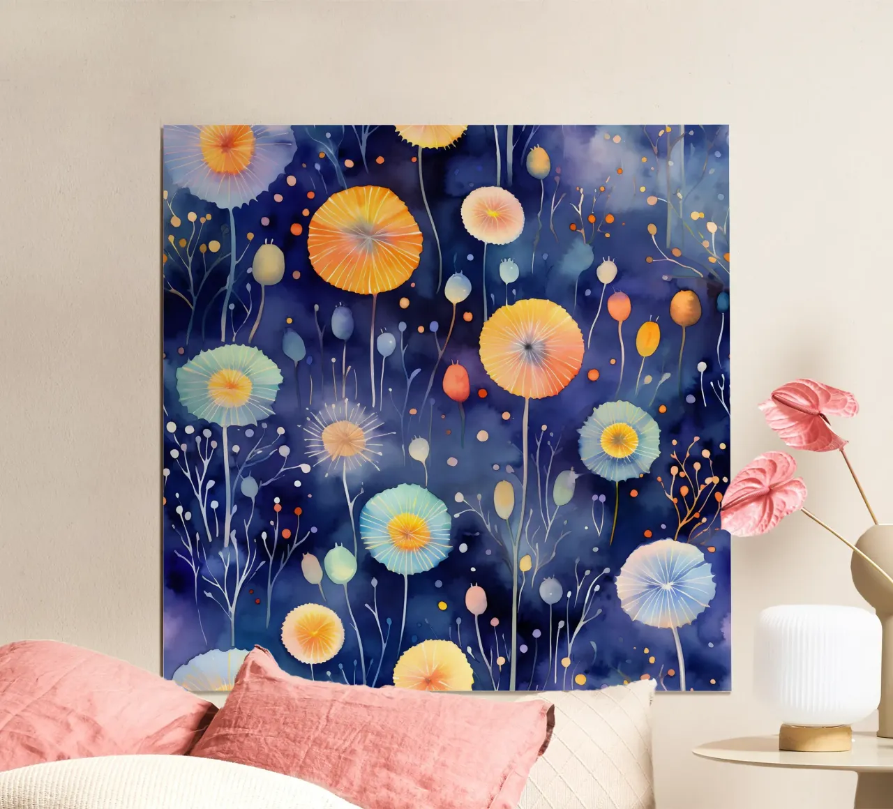 Denti di leone cosmici poster con telaio in plastica da Botanical Pattern House