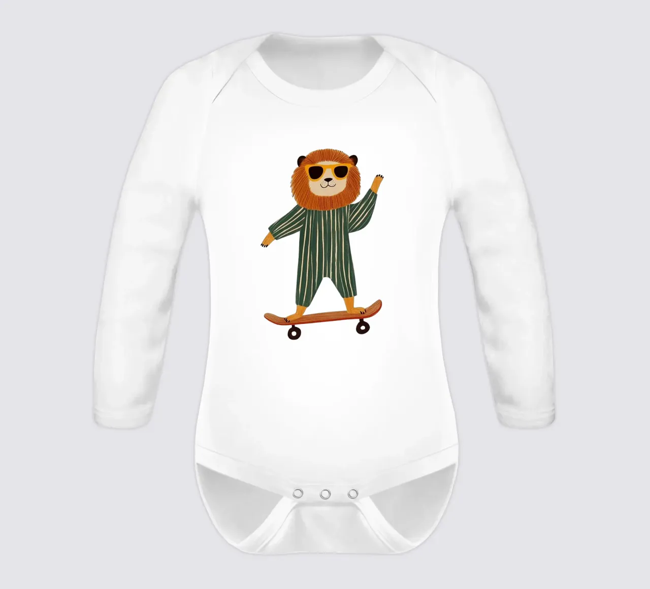 Lion on skateboard long-sleeve baby romper by HookASmile