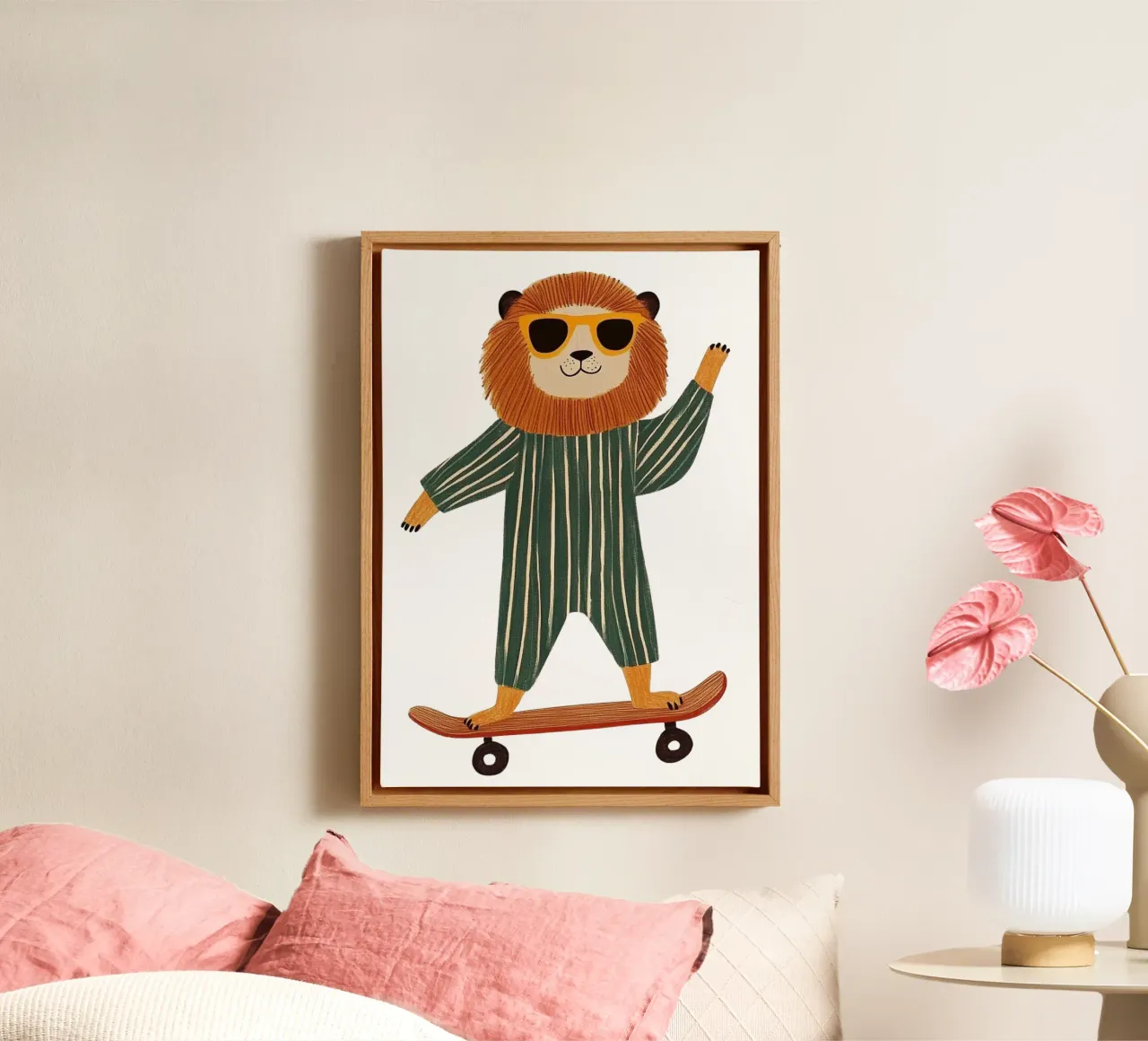 Lion on skateboard canvas with Floater frame by HookASmile