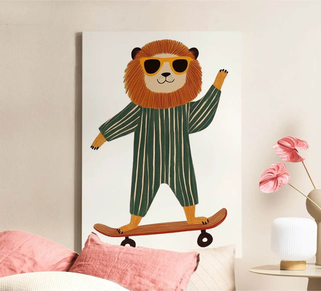 Lion on skateboard canvas with Floater frame by HookASmile