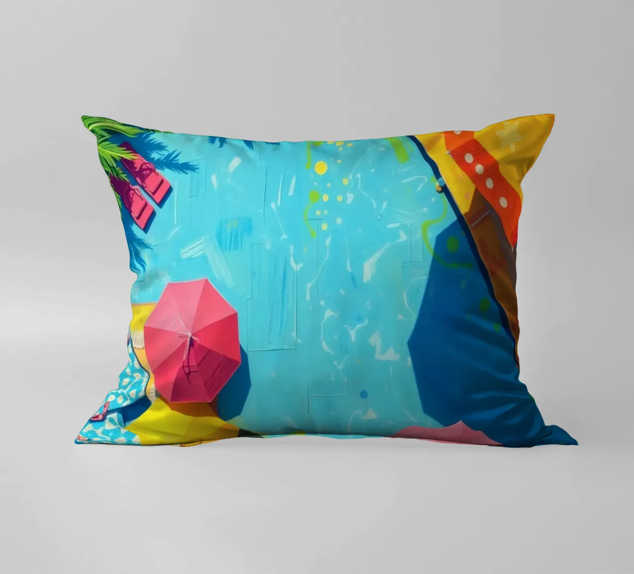 poolside retreat with umbrellas and loungers under the sun decorative cushion by DesignDoodle