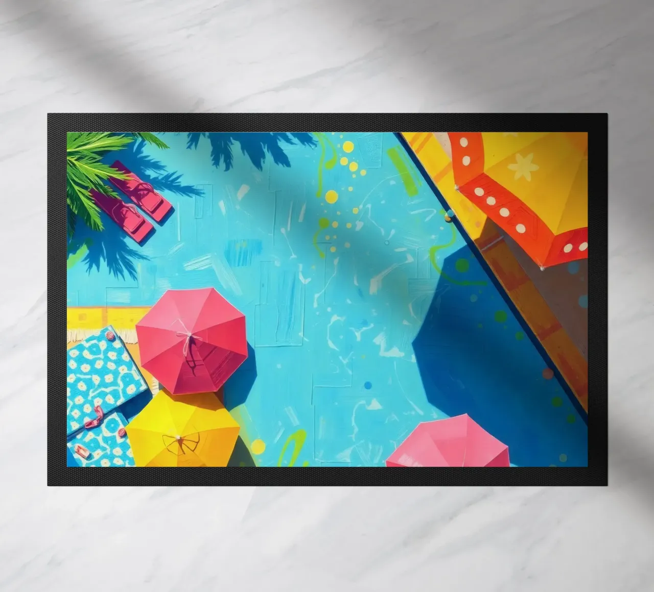 Rückzugsort am Pool mit Sonnenschirmen und Liegestühlen unter der Sonne Fußmatte von DesignDoodle