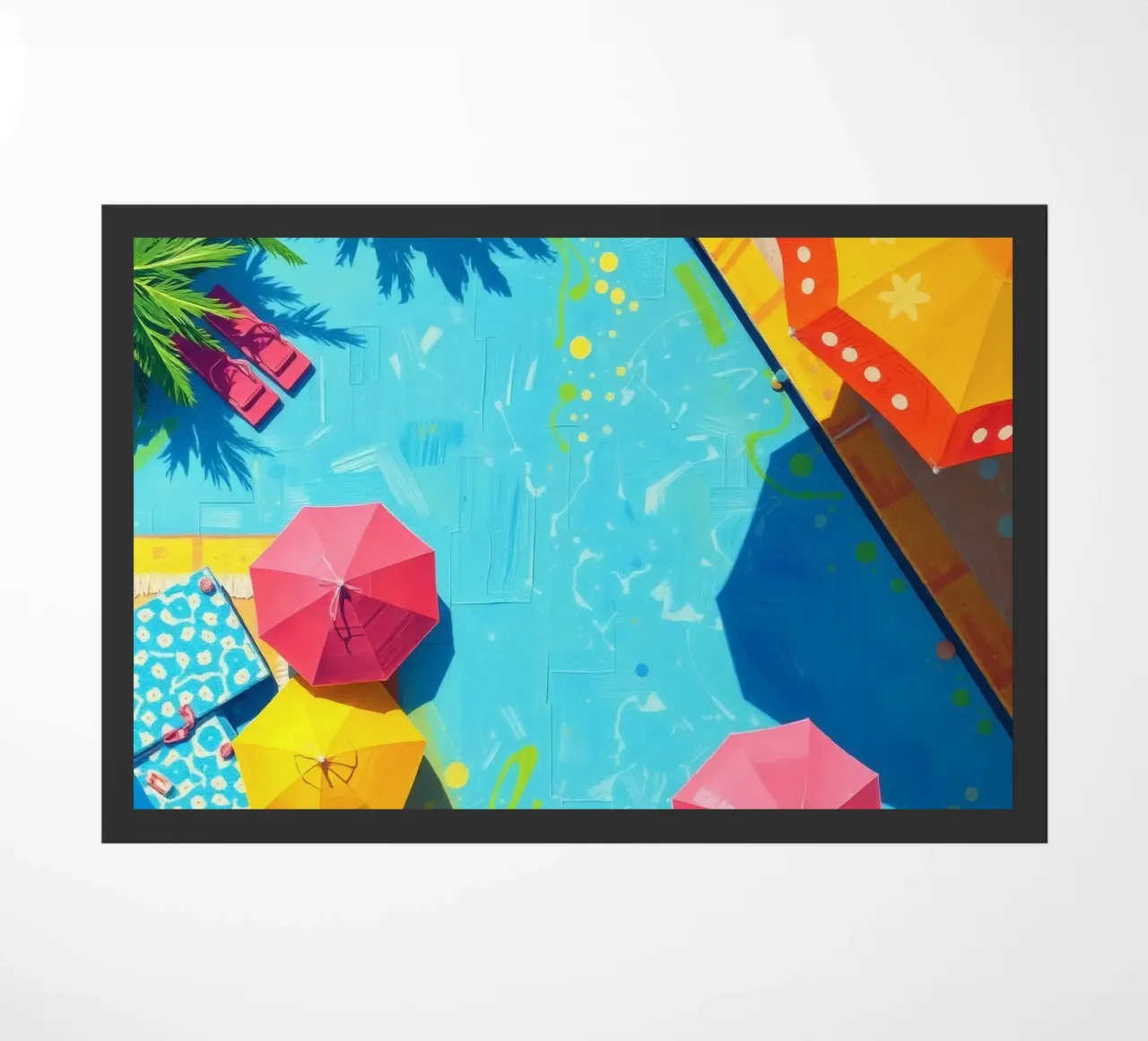Rückzugsort am Pool mit Sonnenschirmen und Liegestühlen unter der Sonne Fußmatte von DesignDoodle