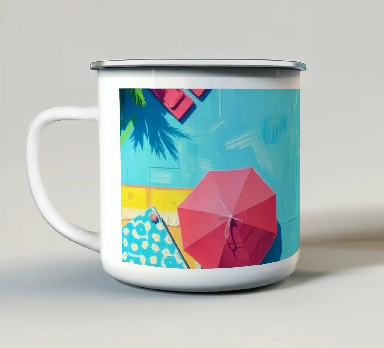 poolside retreat with umbrellas and loungers under the sun enamel mug by DesignDoodle