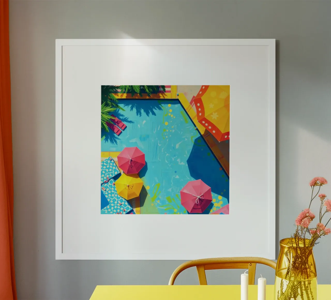 rifugio a bordo piscina con ombrelloni e lettini sotto il sole poster con telaio in alluminio da DesignDoodle
