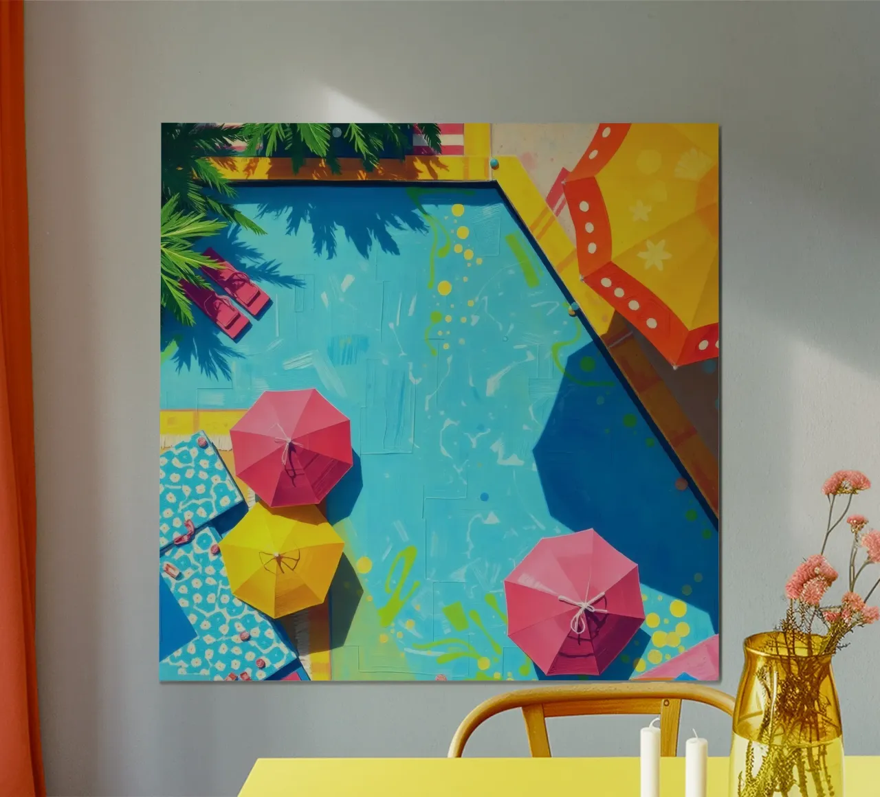 rifugio a bordo piscina con ombrelloni e lettini sotto il sole poster con telaio in alluminio da DesignDoodle