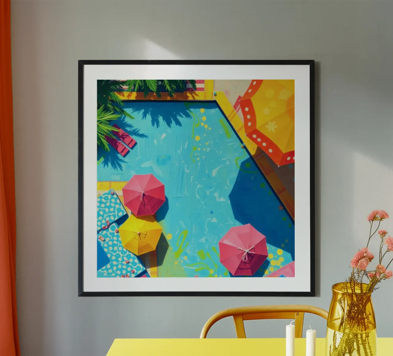 rifugio a bordo piscina con ombrelloni e lettini sotto il sole poster con telaio in alluminio da DesignDoodle