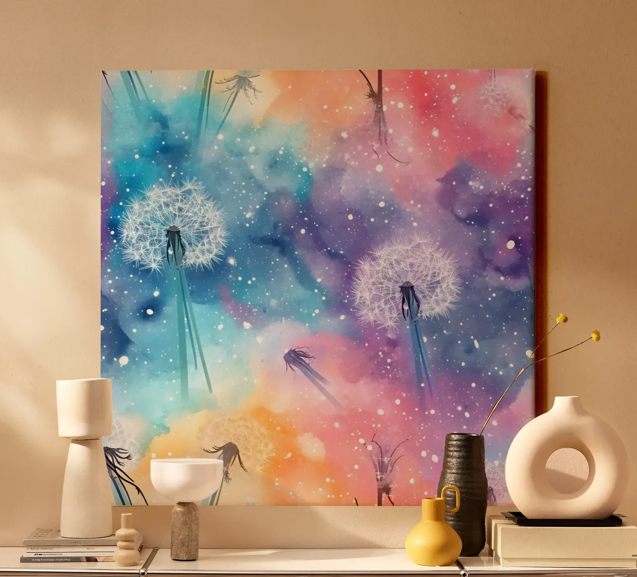 Diente de león de ensueño Galaxy lienzo con Marco flotante de Botanical Pattern House
