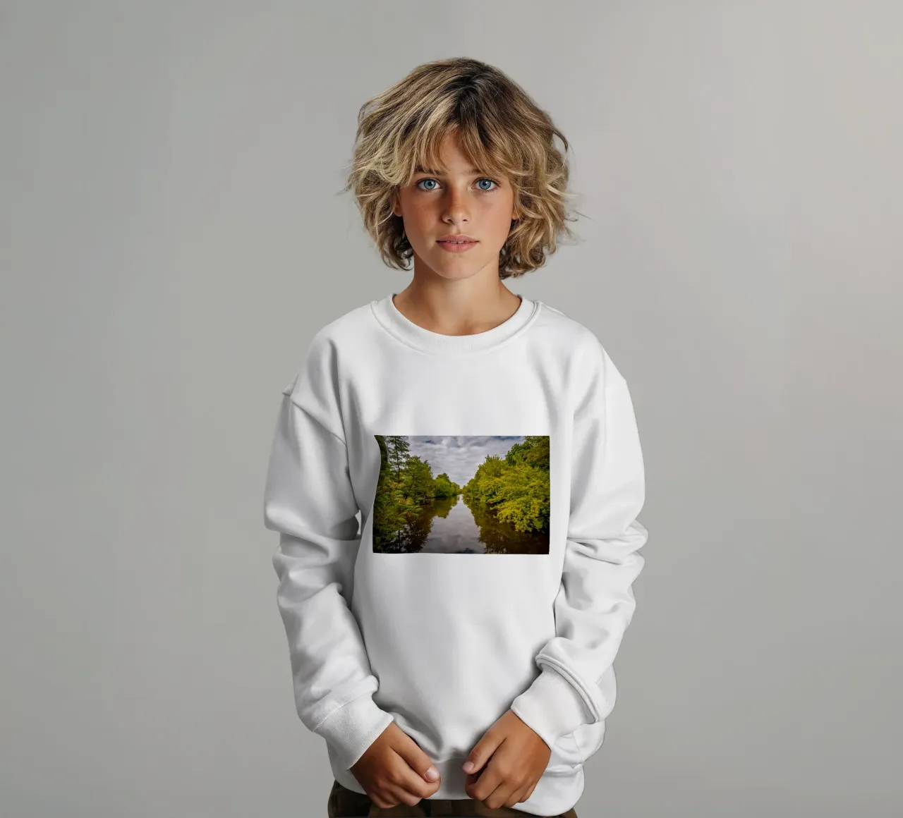 View of the river Saale with reflections of the trees on the bank kids sweatshirt by Marcus Beckert | Fotografie