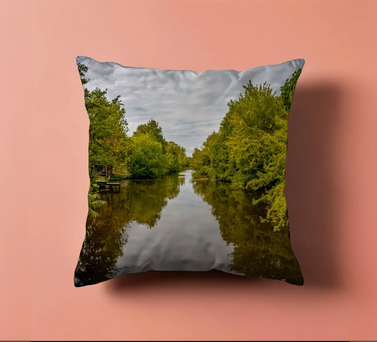 View of the river Saale with reflections of the trees on the bank decorative cushion by Marcus Beckert | Fotografie