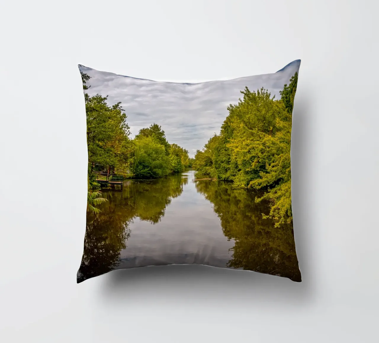 View of the river Saale with reflections of the trees on the bank decorative cushion by Marcus Beckert | Fotografie